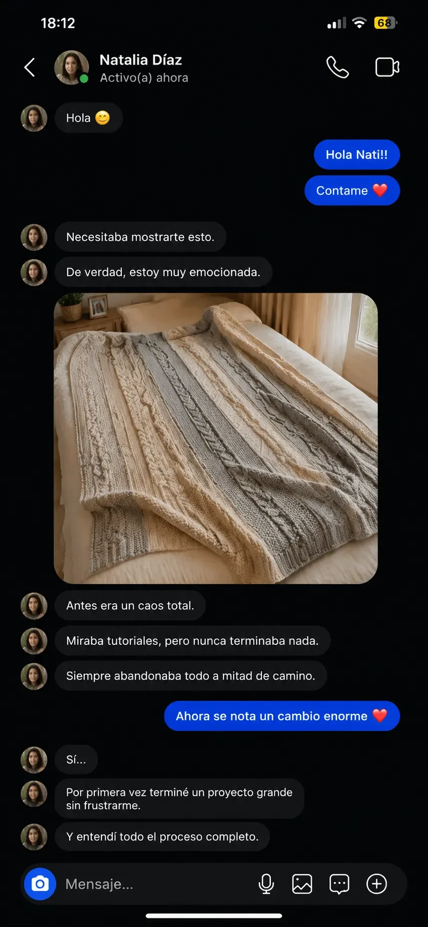 Conversación y proyecto tejido compartido por Natalia