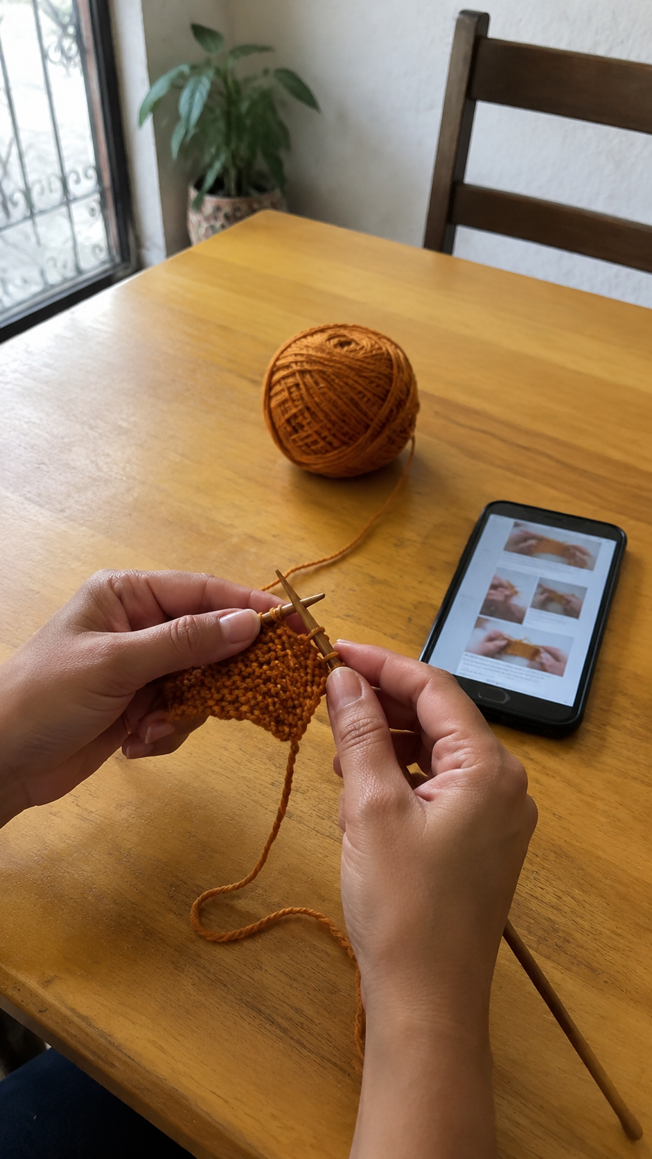 Inicio de un proyecto de tejido junto a las instrucciones en el celular